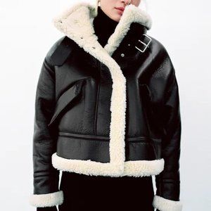 NWT Zara Faux Leather Fleece Collar Jacket